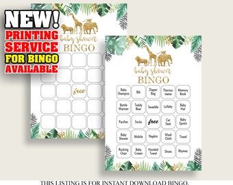 Jungle Baby Shower Bingo Cards Printable or Printed, Gold Green Baby Shower Gender Neutral, 60 Prefilled Bingo Game Cards, Cute Animal EJRED