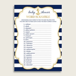 Boy Baby Shower Word Scramble Game Printable, Cute Anchor Blue Gold Word Scramble, Funny Activity, Instant Download, Gold Glitter NTDD8