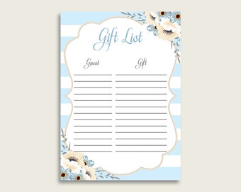 Stripes Baby Shower Gift List, Blue White Gift List Printable, Boy Baby Shower Gift Checklist Sheet, Instant Download, Elegant Glam bs002