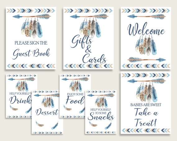 Tribal Arrows Baby Shower Boy Table Signs Printable, Blue Beige Party ...