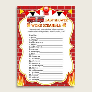 Boy Baby Shower Word Scramble Game Printable, Cute Firetruck Red Yellow Word Scramble, Funny Activity, Instant Download, Fireman LUWX6