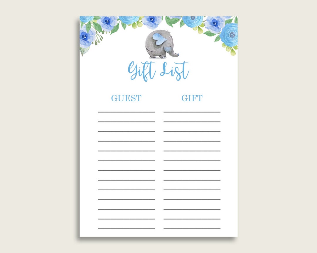 Elephant Blue Baby Shower Gift List, Blue Gray Gift List Printable, Boy