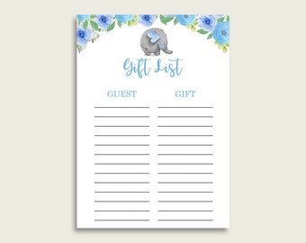 Elephant Blue Baby Shower Gift List, Blue Gray Gift List Printable, Boy Baby Shower Gift Checklist Sheet, Instant Download, Flowers ebl01