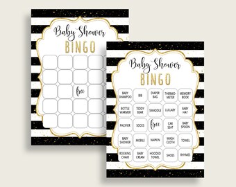 Stripes Baby Shower Bingo Cards Printable, Black Gold Baby Shower Gender Neutral, 60 Prefilled Bingo Game Cards, Glam Gold Glitter bs001