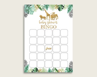 Gold Green Baby Shower Bingo Blank Game Printable, Jungle Baby Shower Gender Neutral Bingo Blank Cards, Bingo Gift Opening Game, EJRED