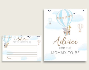 Hot Air Balloon Advice For Mommy To Be Cards & Sign, Printable Baby Shower Blue White Advice For New Parents, Instant Download, CSXIS