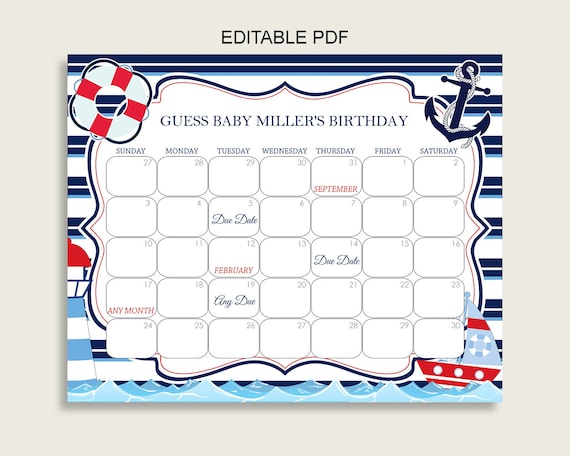 Blue Red Guess Baby Due Date Calendar Game Printable, Nautical Baby Shower Boy Birthday Prediction Calendar Editable, Instant Download DHTQT Il_570xn