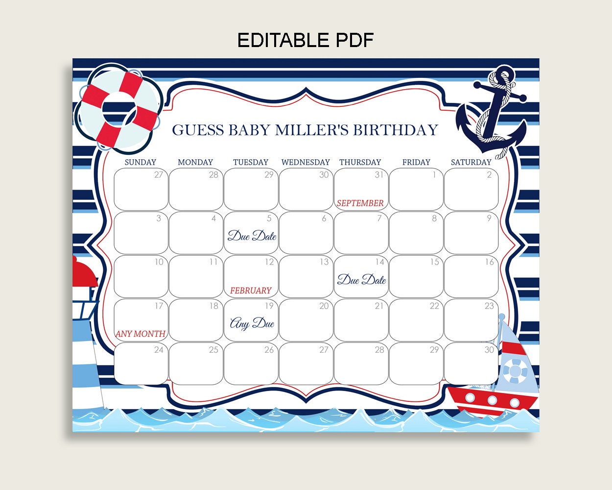 Calendars & Planners Paper Anchor Baby Shower Boy Birthday Prediction ...