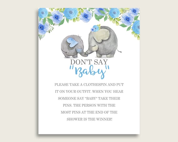 Blue Gray Don't Say Baby Printable Game, Boy Baby Shower Elephant Blue Game Sign, Instant Download, 8x10, Flowers Elephant Trunk ebl01 Il_570xn