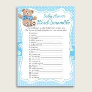 Boy Baby Shower Word Scramble Game Printable, Cute Teddy Bear Blue Brown Word Scramble, Funny Activity, Instant Download, Bow Tie tb001