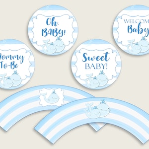 Whale Cupcake Toppers, Blue White Cupcake Wrappers, Toppers Wrappers Baby Shower Boy, Instant Download, Light Blue Watercolor Stripes wbl01
