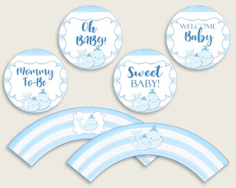 Whale Cupcake Toppers, Blue White Cupcake Wrappers, Toppers Wrappers Baby Shower Boy, Instant Download, Light Blue Watercolor Stripes wbl01