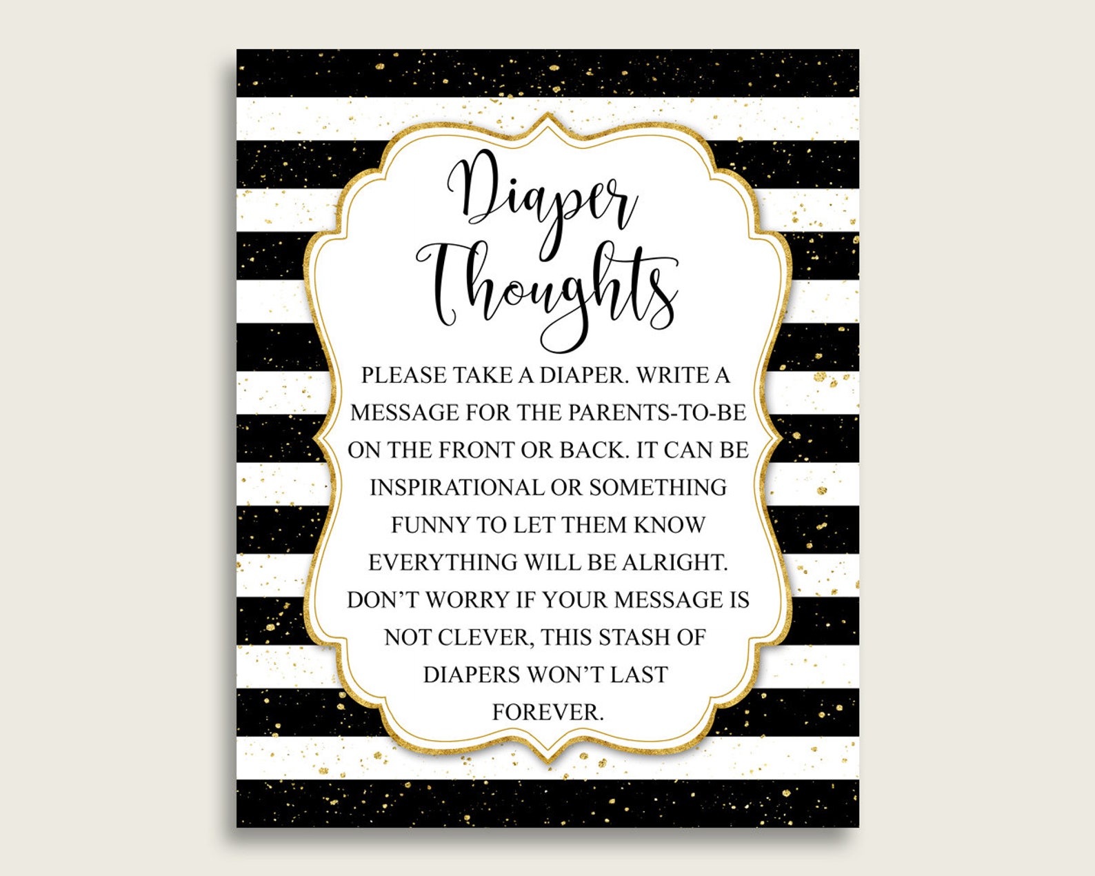 Diaper Text Stripes Baby Shower Diaper Thoughts Printable, Gender Neutral Black ...