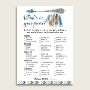 Tribal Arrows What&#39;s In Your Purse Game Printable, Blue Beige Whats In Your Purse, Boy Baby Shower Purse Game, Instant Download, QAQ18