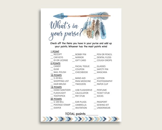 Tribal Arrows What's In Your Purse Game Printable, Blue Beige Whats In Your Purse, Boy Baby Shower Purse Game, Instant Download, QAQ18 Il_570xn