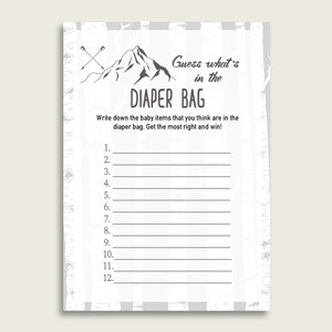 Adventure Mountain Guess What&#39;s In The Diaper Bag Game, Boy Baby Shower Gray White Diaper Game Printable, Instant Download, Begins, S67CJ
