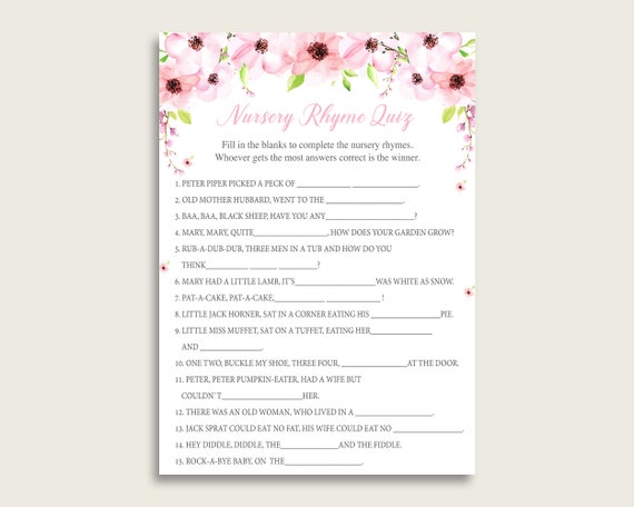 Flower Blush Nursery Rhyme Quiz Printable Pink Green Nursery Rhyme Flower Blush Nursery Rhyme Quiz Printable Pink Green Nursery Rhyme
