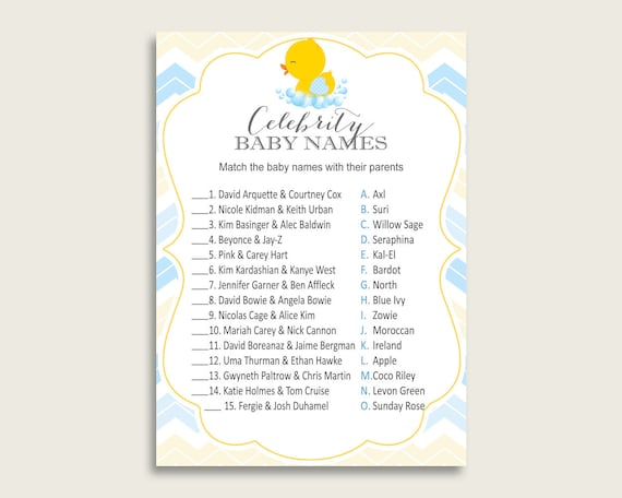 Yellow Blue Celebrity Baby Names Rubber Duck Baby Shower Boy Name