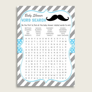 Schnurrbart Wortsuchspiel, blau graue Baby Shower Wortsuchkarten druckbare, Junge Baby Shower Aktivitäten, versteckte Wörter, Instant 9P2QW