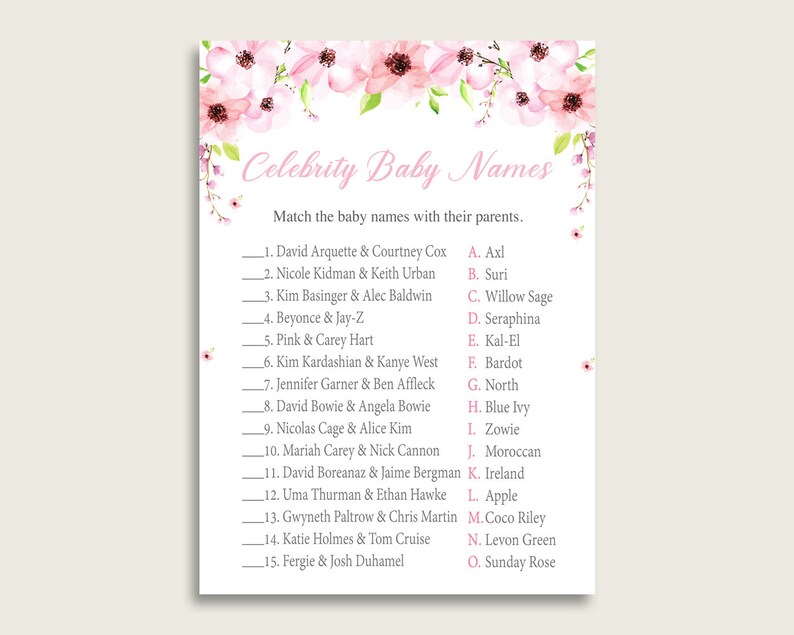 Pink Green Celebrity Baby Names Flower Blush Baby Shower Girl Etsy