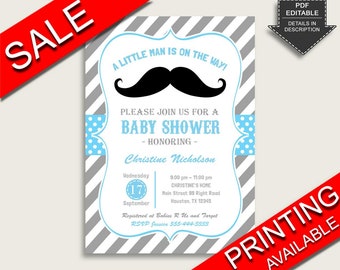 Mustache Baby Shower Invitations Printable, Digital Or Printed Invitation Baby Shower Boy, Editable Invitation Blue Gray Black Stache 9P2QW