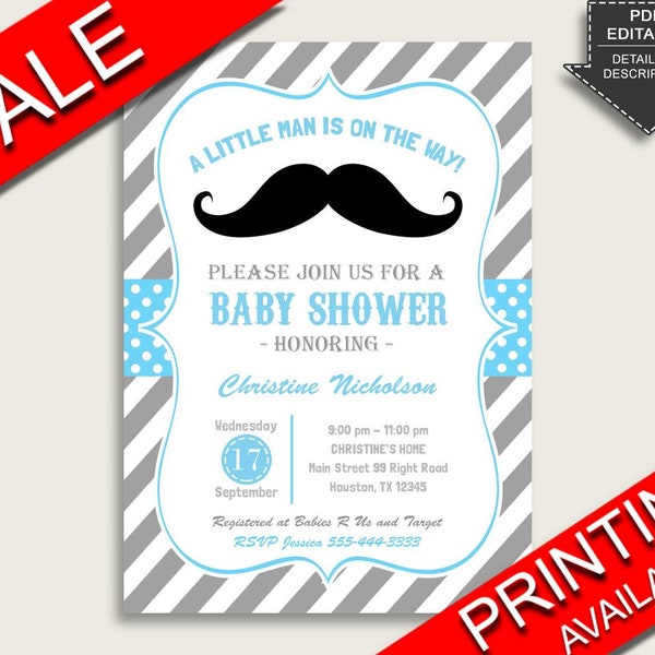 Mustache Baby Shower Invitations Printable, Digital Or Printed Invitation Baby Shower Boy, Editable Invitation Blue Gray Black Stache 9P2QW