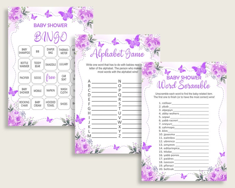 Butterfly Baby Shower Games Printable Pack Purple White Baby Etsy