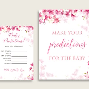 Carte di previsione e segno di Cherry Blossom Baby Shower stampabili, gioco di previsione di bambino bianco rosa, download istantaneo, 5MQ8W più popolare