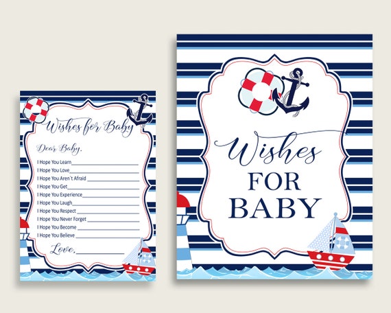 Blue Red Wishes For Baby Cards & Sign, Nautical Baby Shower Boy Well Wishes Game Printable, Instant Download, Lifesaver Boat Navy Blue DHTQT Il_570xn