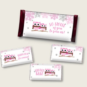 Winter Owl Hershey Candy Bar Wrapper Printable, Pink Gray Chocolate Bar Wrappers, Girl Shower Candy Labels, Instant Download, owt01