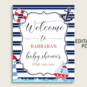 Blue Red Nautical Baby Shower Welcome Sign Printable, Party Large Sign, Editable Welcome Sign Boy, Yard Sign, Instant Download, DHTQT