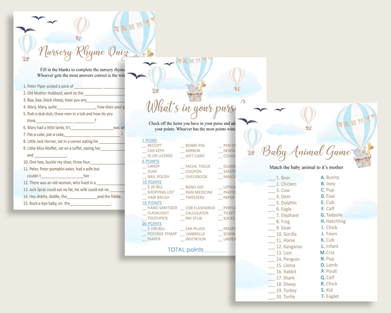 Hot Air Balloon Baby Shower Games Printable Pack, Blue White Baby ...