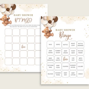 Bingo pour baby shower ours en peluche, cartes de bingo préremplies imprimables ou imprimées, baby shower sans distinction de sexe, 100 cartes de jeu de bingo à télécharger, bsh01