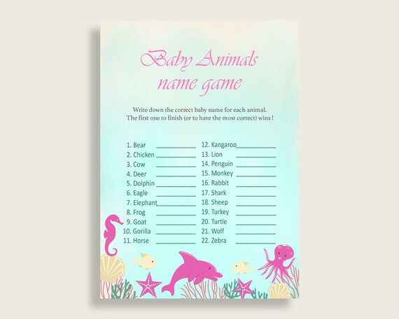Under The Sea Name The Baby Animals Game Printable, Pink Green Baby Shower Animal Game, Girl Baby Shower, Instant Download, uts01 Il_570xn