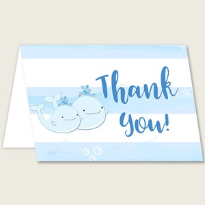 Biglietti di ringraziamento bianchi blu stampabili, note di ringraziamento per baby shower balena, doccia per ragazzi grazie piegati, download istantaneo, mare nautico wbl01