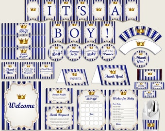 Blue Gold Baby Shower Decorations Boy Kit, Royal Prince Baby Shower Party Package Printable, Instant Download, King Gold Crown rp001