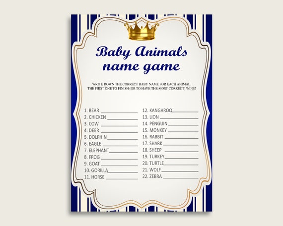 Royal Prince Name The Baby Animals Game Printable, Blue Gold Baby Shower Animal Game, Boy Baby Shower, Instant Download, King Crown, rp001 Il_570xn