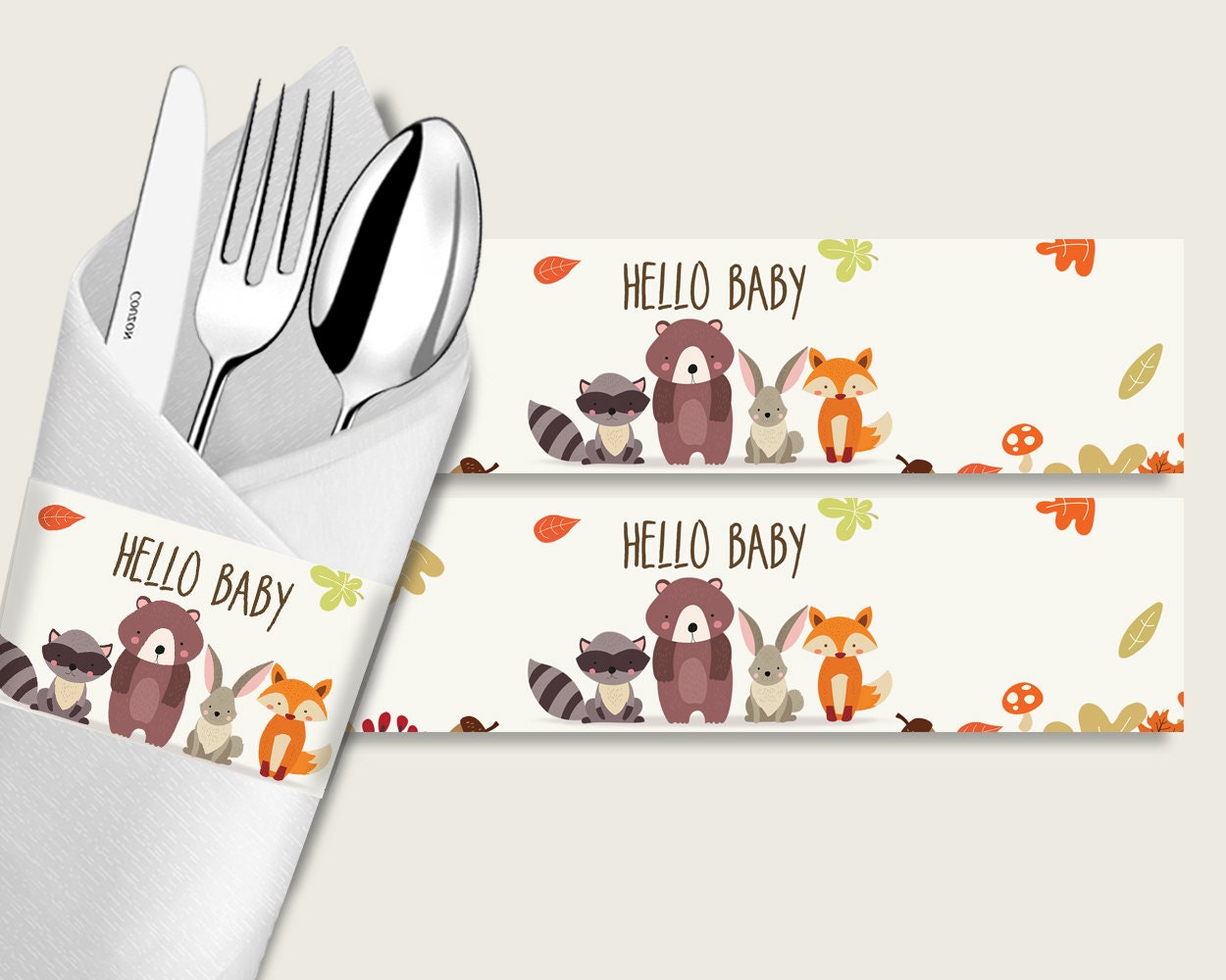 Woodland Baby Shower Napkin Rings Printable Brown Beige Napkin Wrappers Gender Neutral Shower Utensils Wrap Instant Download