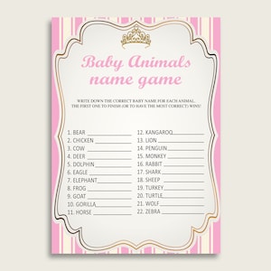 Königliche Prinzessin Name The Baby Animals Spiel zum ausdrucken, Pink Gold Baby Shower Tierspiel, Mädchen Baby Shower, Instant Download, bezaubernd, rp002