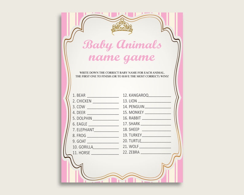 Royal Princess Name The Baby Animals Game Printable, Pink Gold Baby Shower Animal Game, Girl Baby Shower, Instant Download, Glamorous, rp002 image 1