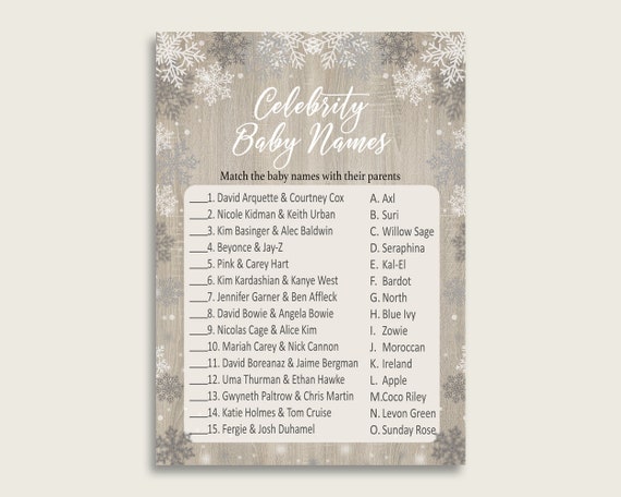White Beige Celebrity Baby Names Snowflake Rustic Baby Shower
