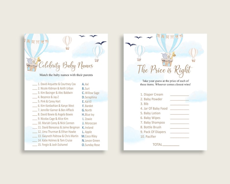 Hot Air Balloon Baby Shower Games Printable Pack, Blue White Baby ...