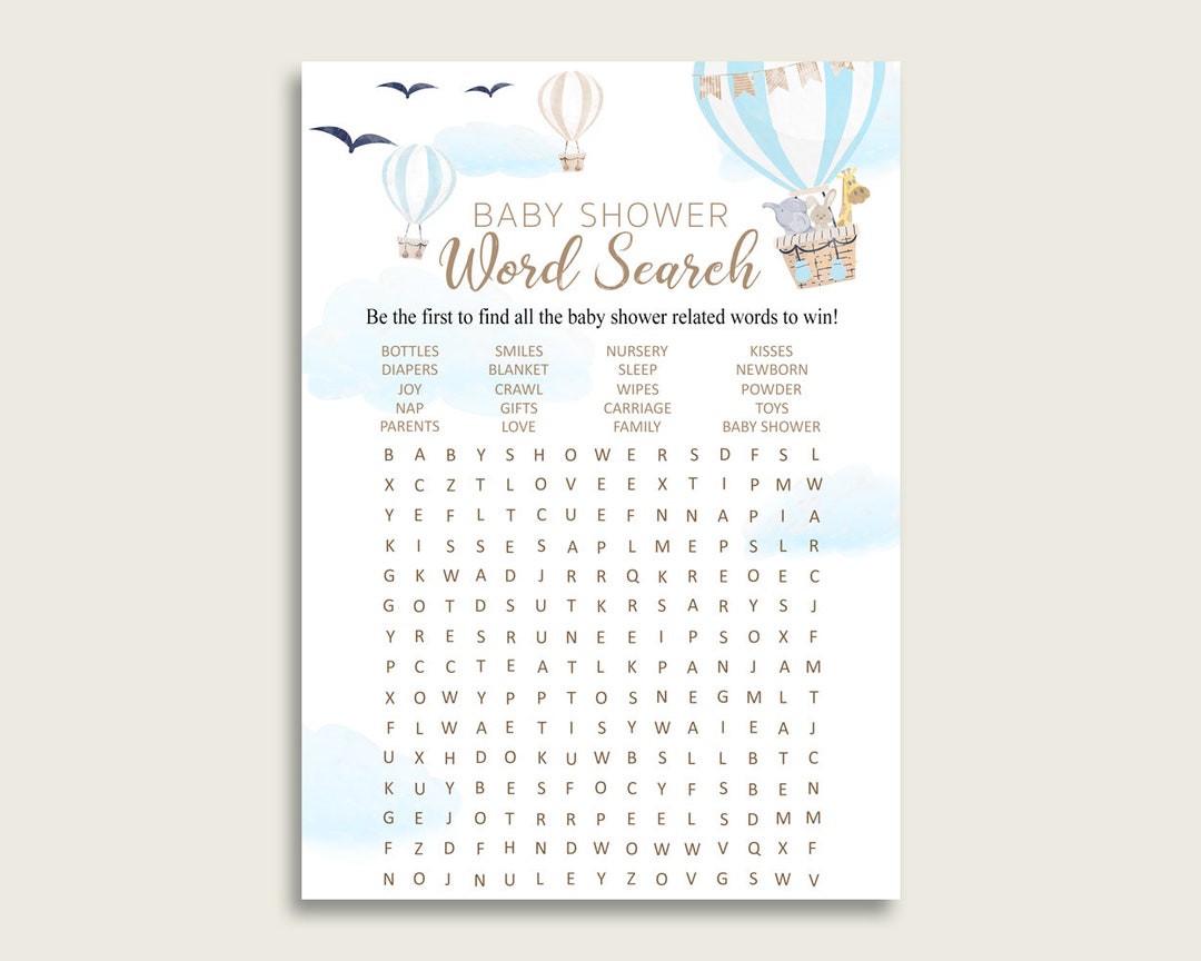 Hot Air Balloon Word Search Game, Blue White Baby Shower Word Search