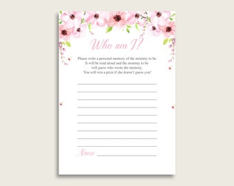 Flower Blush Who Am I Game Printable, Girl Baby Shower Memory With Mommy, Pink Green Baby Shower Activity, Instant Download, VH1KL