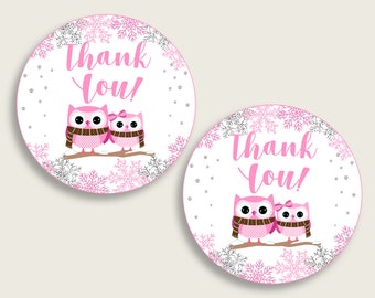 Winter Owl Baby Shower Round Thank You Tags 2 inch Printable, Pink Gray Favor Gift Tags, Girl Shower Hang Tags Labels, Digital File owt01