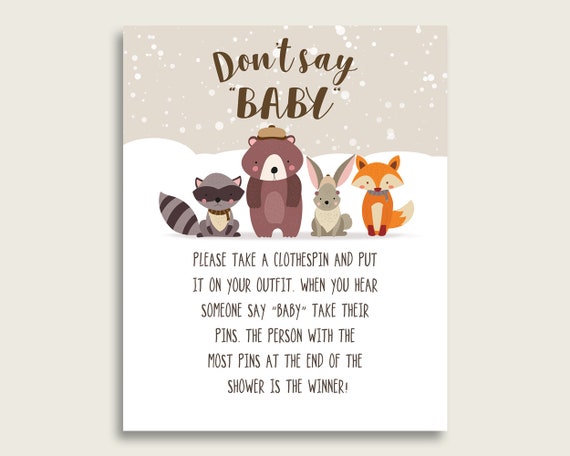 Beige Brown Don't Say Baby Printable Game, Gender Neutral Baby Shower Winter Woodland Game Sign, Instant Download, 8x10, Animals Snow RM4SN Il_570xn