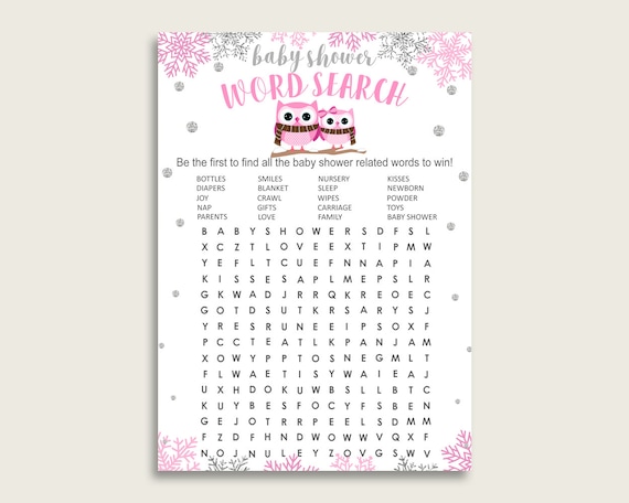 winter owl word search game pink gray baby shower word search etsy