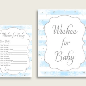 Deseos azul plateado para tarjetas y letreros de bebé, juego de buenos deseos para niño de baby shower de invierno imprimible, descarga instantánea, rayas exteriores frías bs003