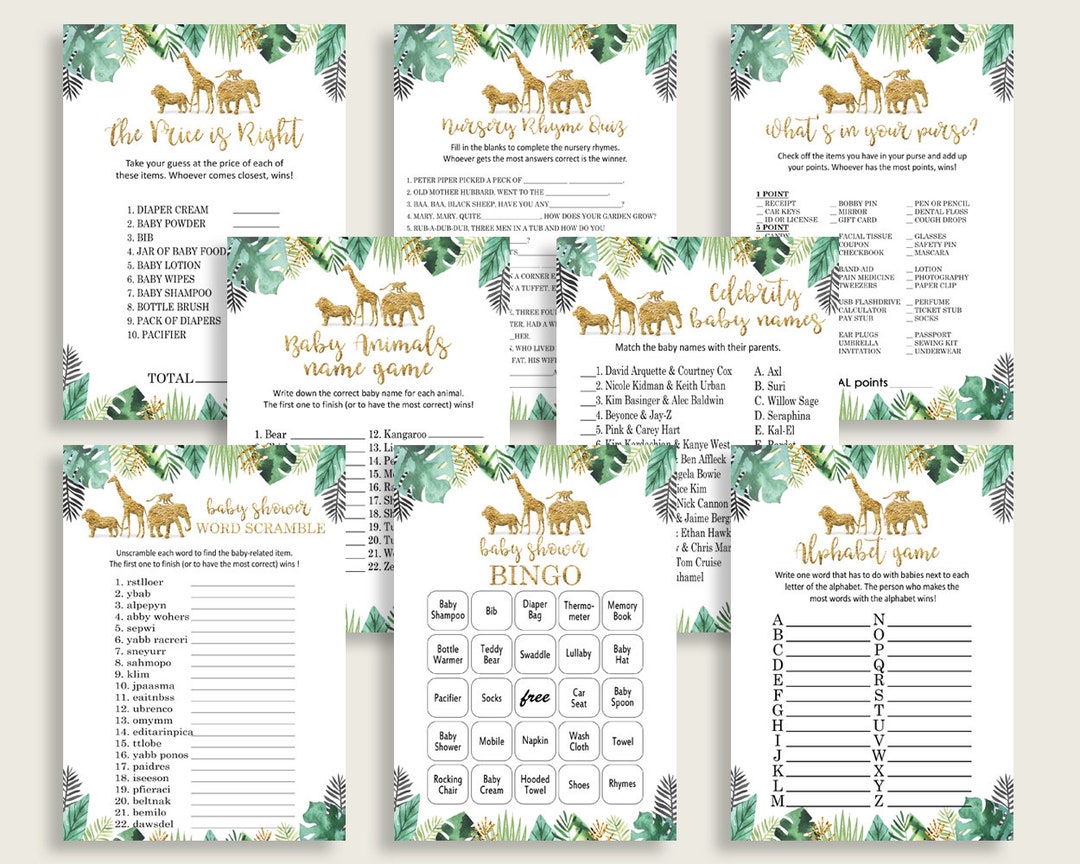 Jungle Baby Shower Games Printable or Printed, Gold Green Baby Shower ...