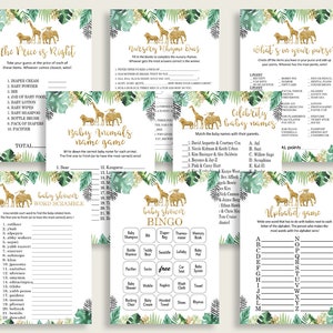 Jungle Baby Shower Games Printable or Printed, Gold Green Baby Shower Games Package Gender Neutral, Jungle Games Bundle Set,  _EJRED